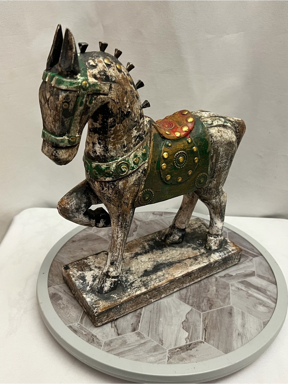 Pier 1 Rustic Distressed Wooden Horse Figurine Statue Green Gold Decor 12”